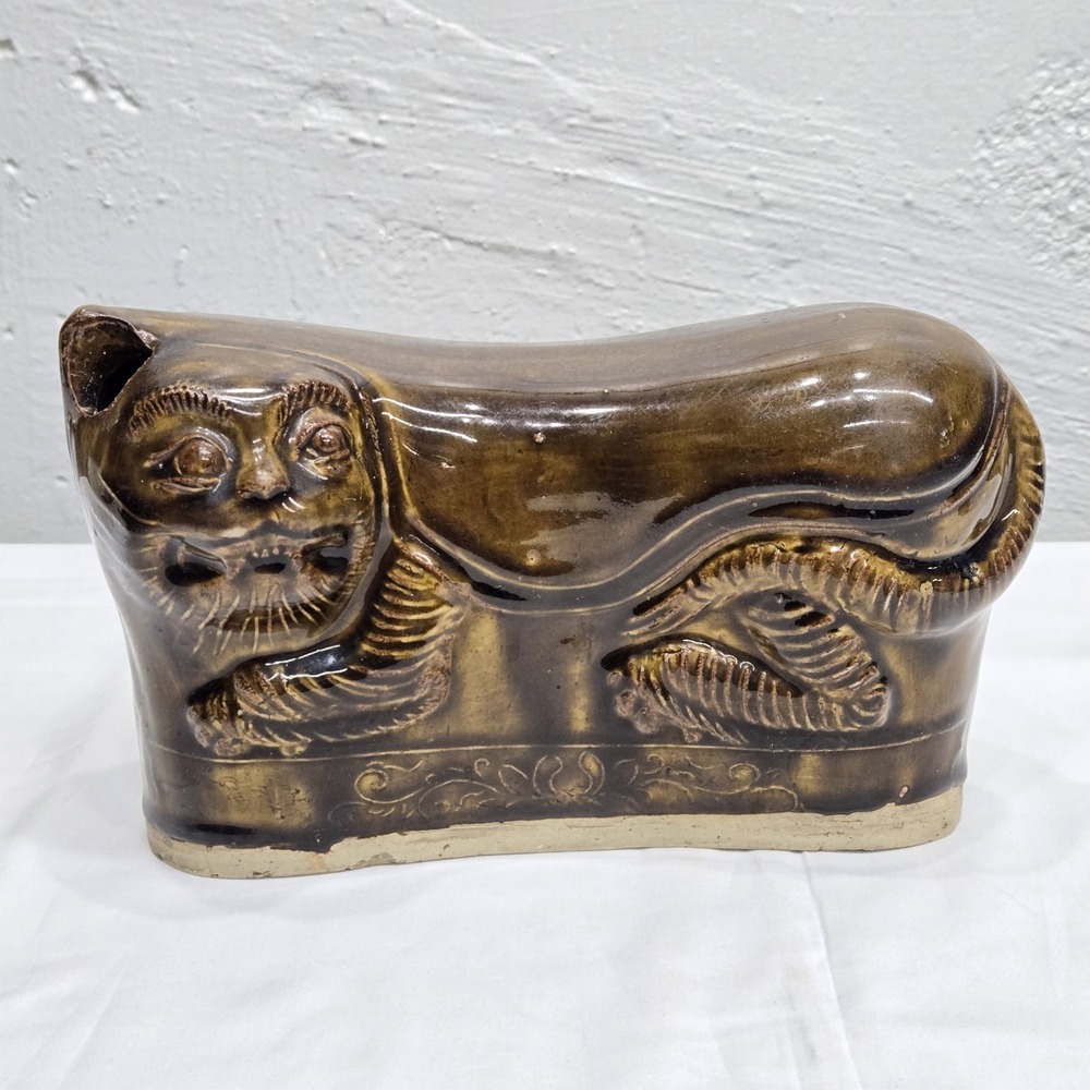 Antique‎ Chinese Brown Cat Glazed Pottery Figure Pillow Head Rest Vase